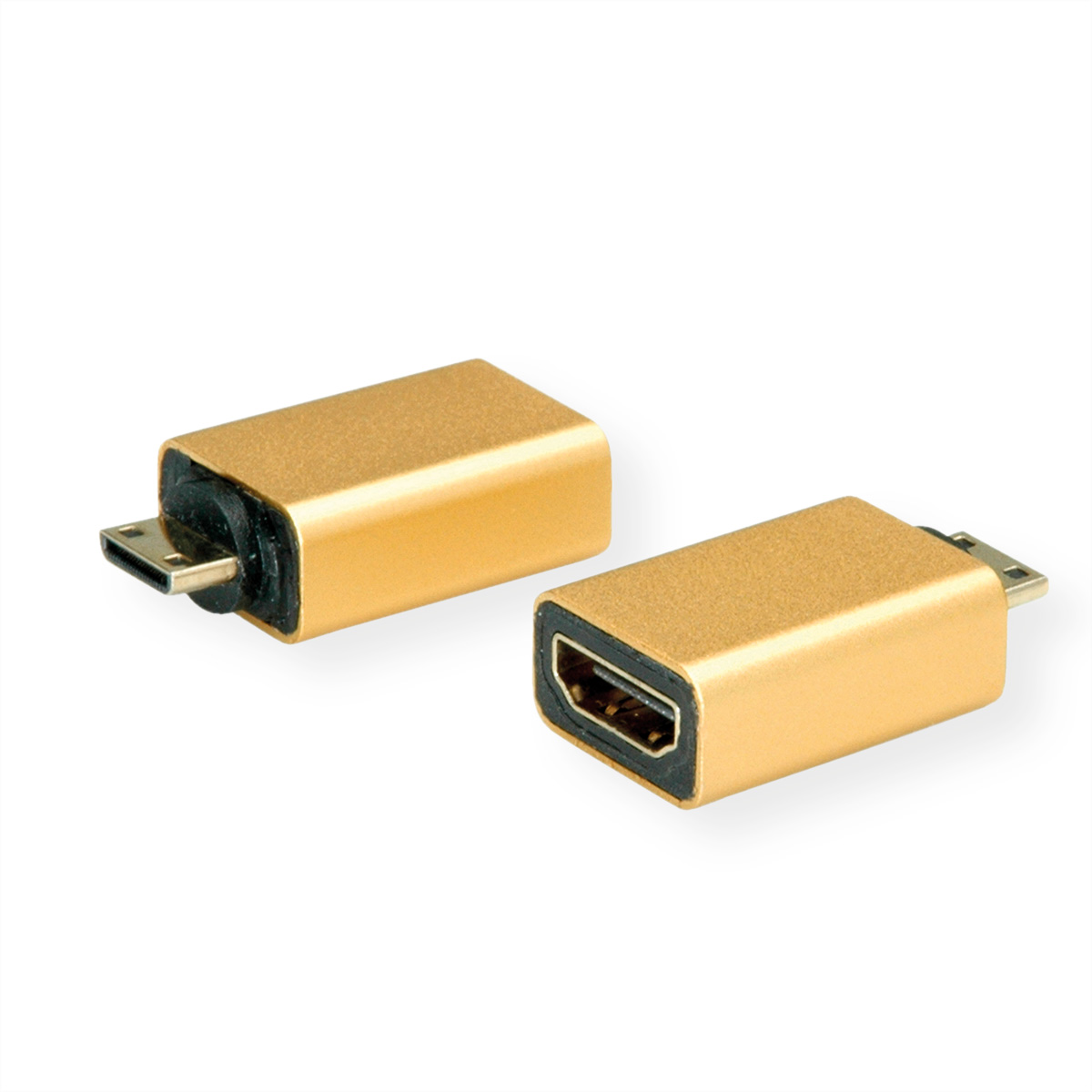 Goldener HDMI-zu-Micro-HDMI-Adapter mit schwarzen Anschlüssen auf weißem Grund.