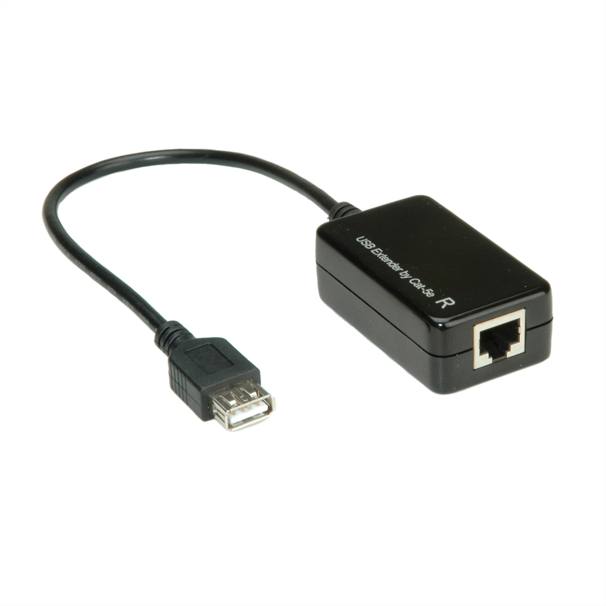 Schwarzes USB-Verlängerungskabel mit USB- und RJ45-Anschluss. Weißer Hintergrund.