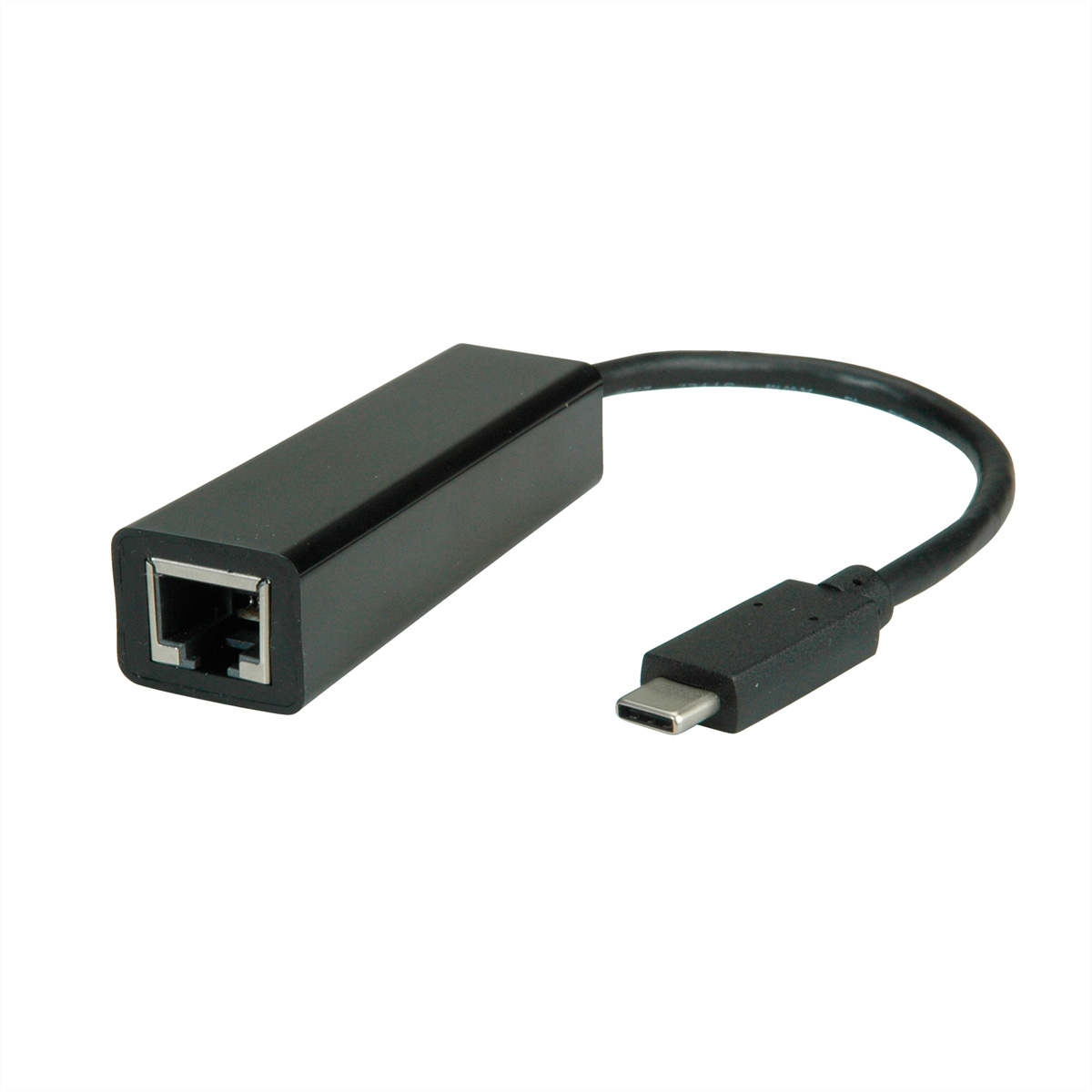 Zwarte USB-C naar Ethernet adapter. Zwarte kabel. Ethernetpoort links.