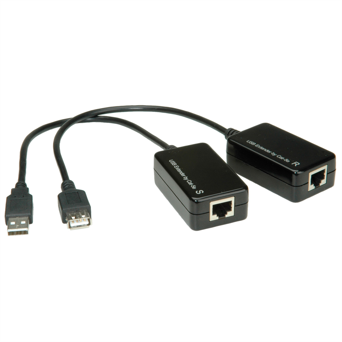 Zwei schwarze USB-Verlängerer. Sie sind durch ein schwarzes Kabel verbunden und haben RJ45-Anschlüsse.