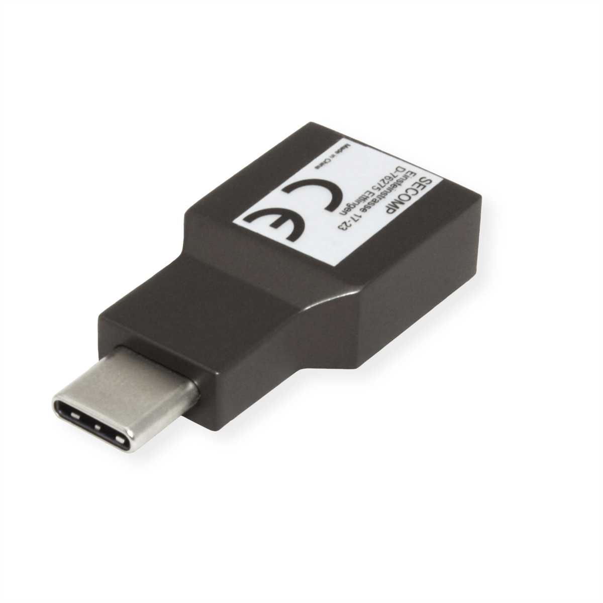 Schwarzer USB-C-zu-USB-Adapter, mit USB-C-Anschluss und Etikett, auf weißem Hintergrund.