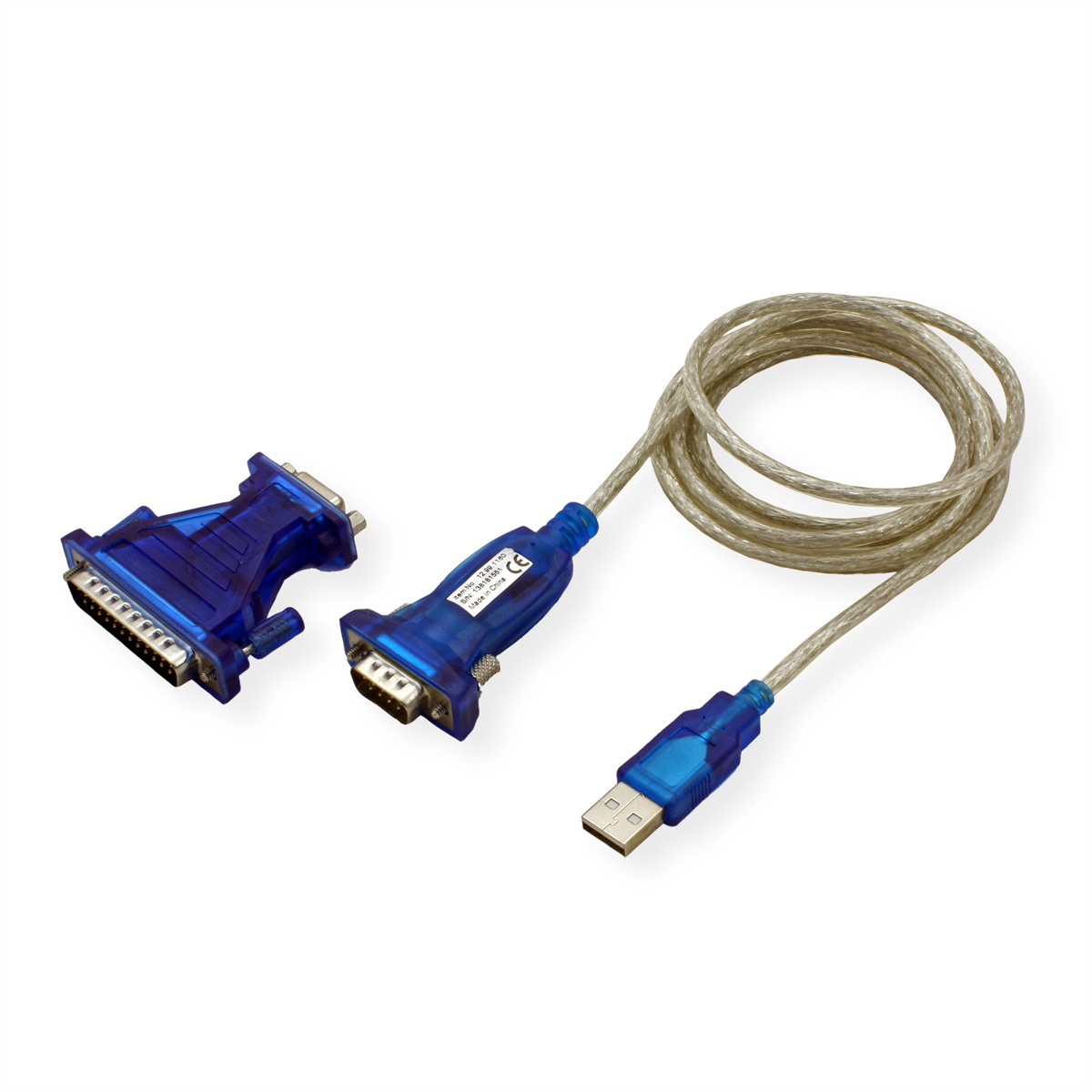 Blauwe seriële naar USB-kabel. Twee blauwe connectoren op witte ondergrond.