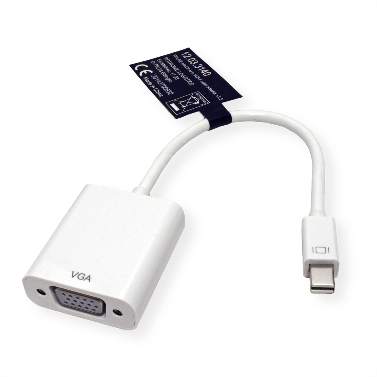 Weißer VGA-zu-USB-C-Adapter. Ein Anhänger mit Text ist angebracht.