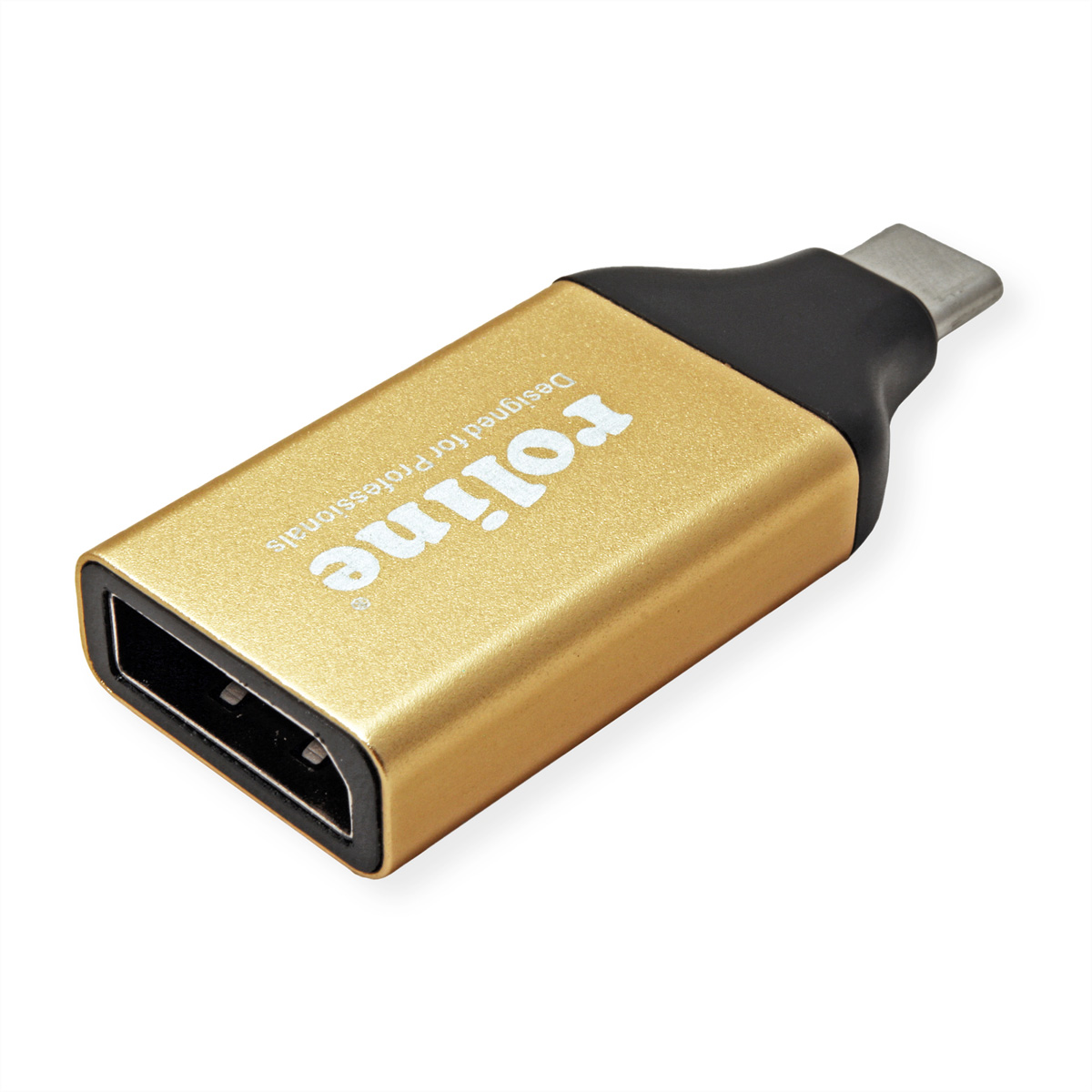 Gouden Roline USB-C naar DisplayPort adapter. Designed for Professionals staat erop.