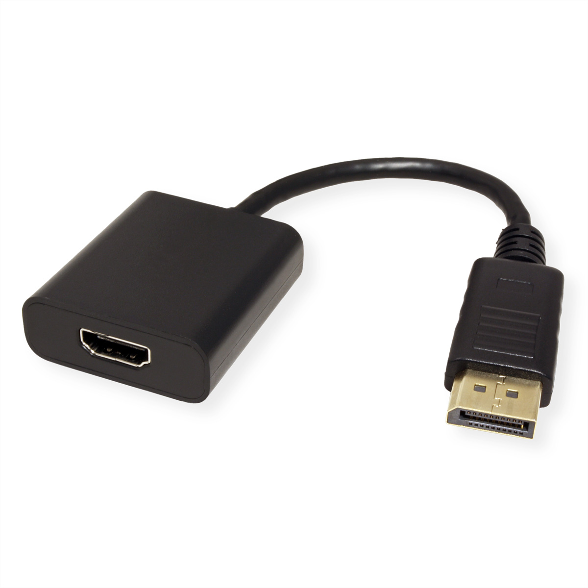 Schwarzer HDMI-zu-DisplayPort-Adapter. Ein Ende hat HDMI, das andere DisplayPort, verbunden durch ein schwarzes Kabel.