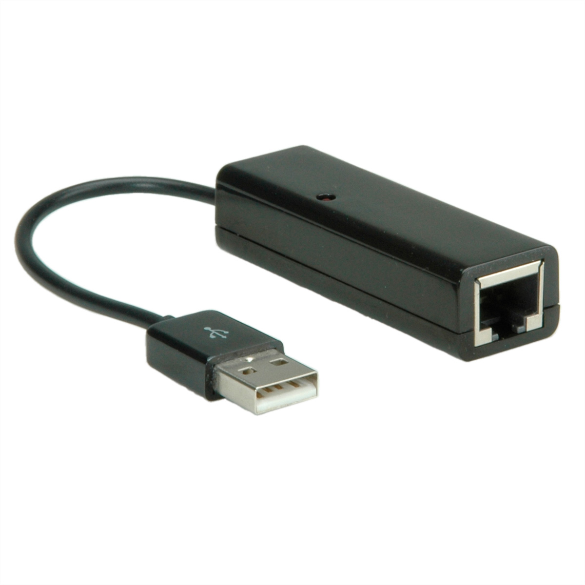 Een zwarte USB naar Ethernet adapterkabel.
