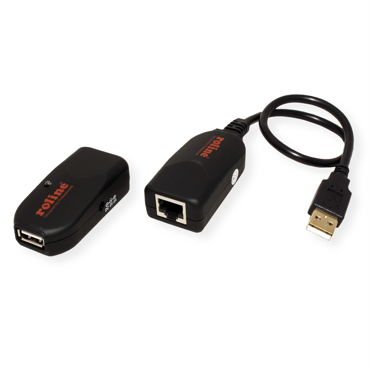 Zwei schwarze Roline USB-Adapter mit Text. Weißer Hintergrund.