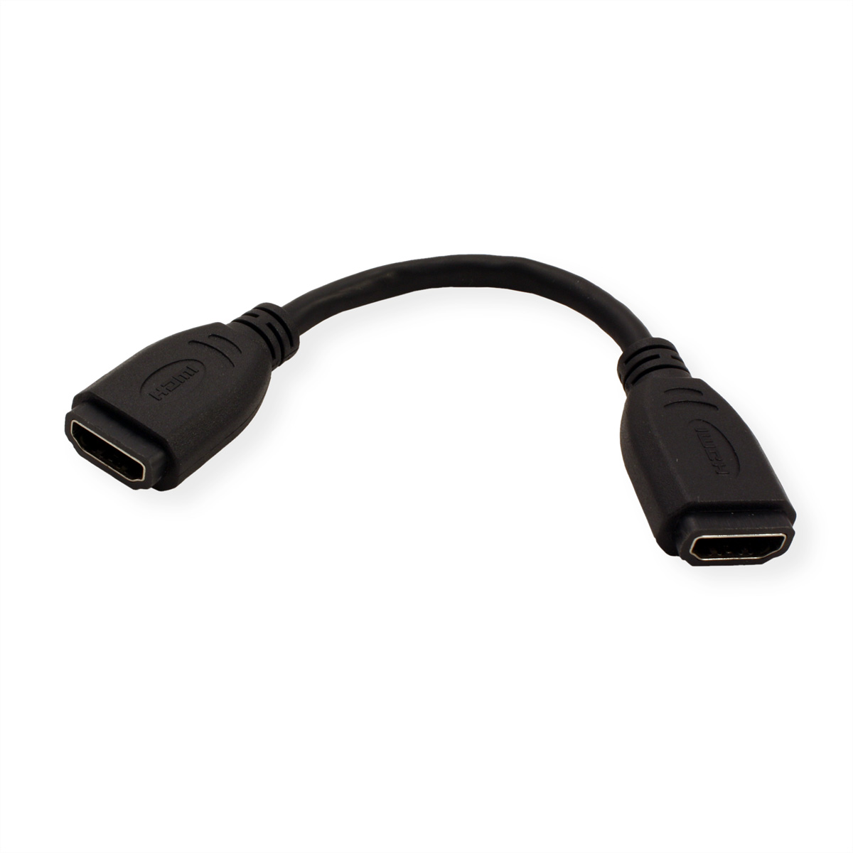 Schwarzes HDMI-Buchse-zu-Buchse-Adapterkabel, isoliert auf weißem Hintergrund.