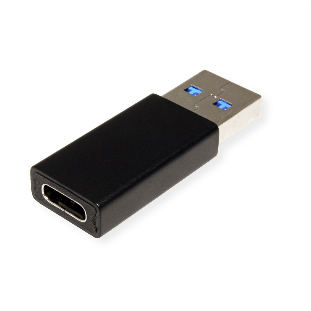 Schwarzer USB-C-auf-USB-Adapter. Silberner USB-Anschluss. Weißer Hintergrund.