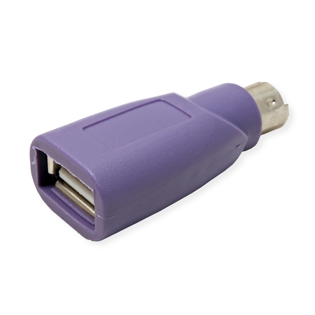 Lila USB-zu-PS/2-Adapter mit USB- und PS/2-Anschluss.