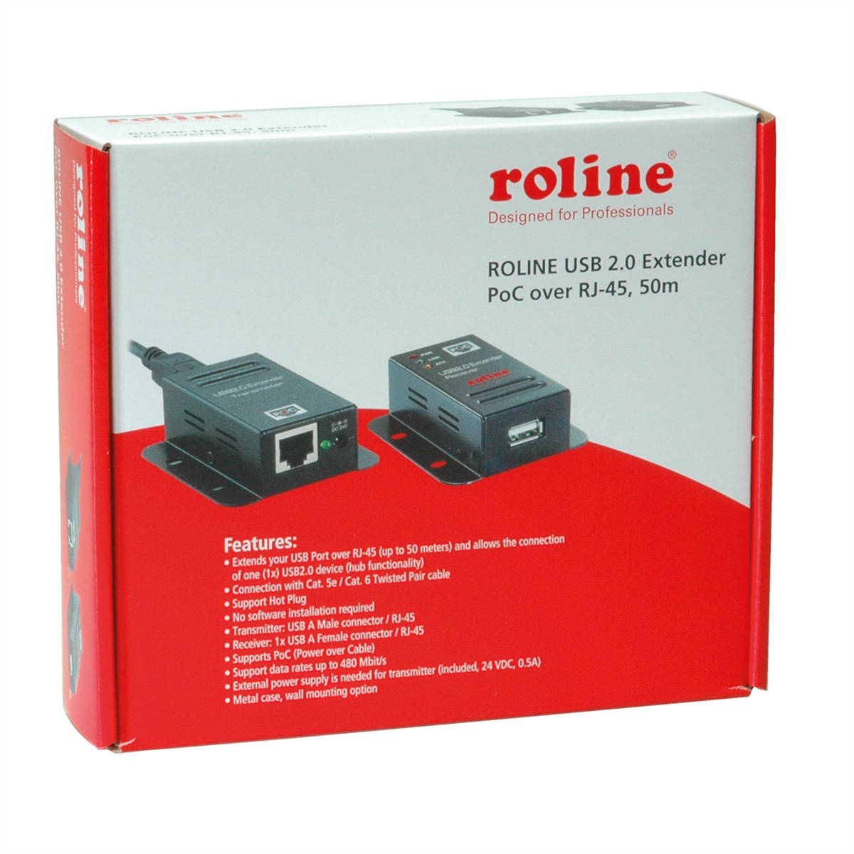 Eine Roline-Box mit USB 2.0 Extender. Die Box beschreibt die Funktionen des Extenders.