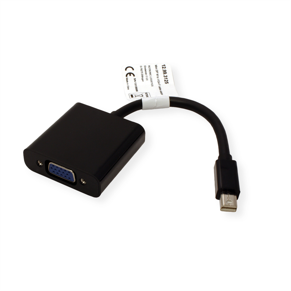 Schwarzer Mini-DP-zu-VGA-Adapter mit schwarzem Kabel. Er hat einen VGA- und einen Mini-DP-Anschluss.