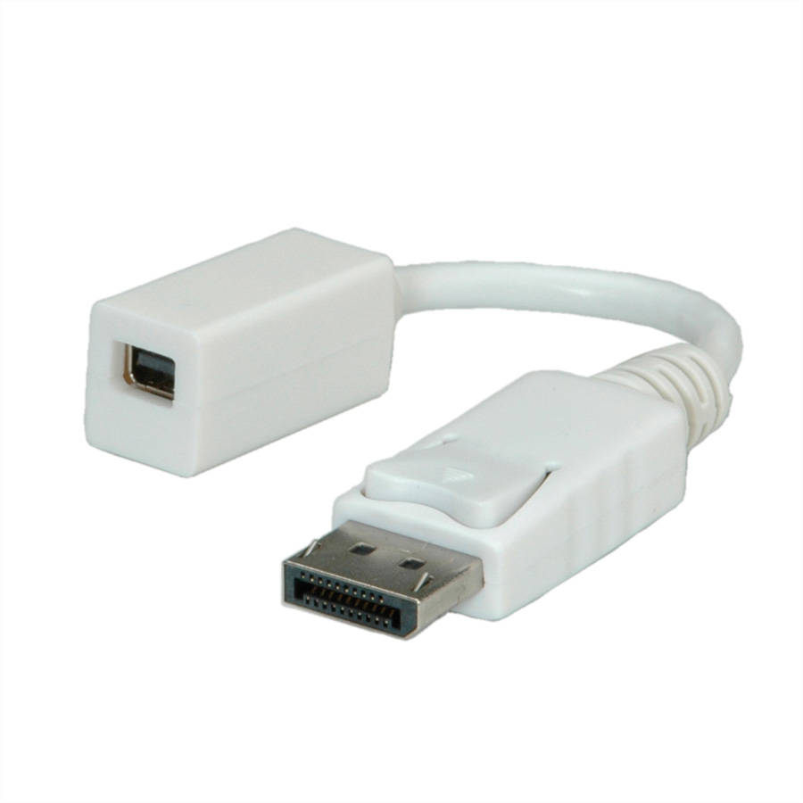 Adaptateur blanc DisplayPort vers mini DisplayPort. Il possède un câble et des connecteurs blancs, isolés sur fond blanc.