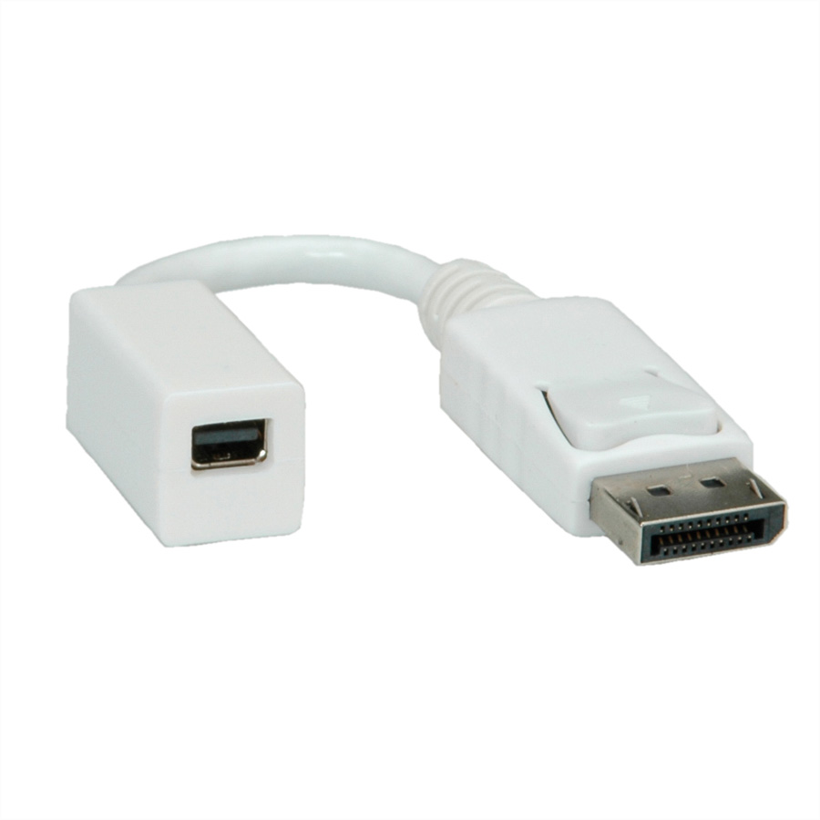 Câble adaptateur Mini DisplayPort vers DisplayPort blanc. Fond blanc.