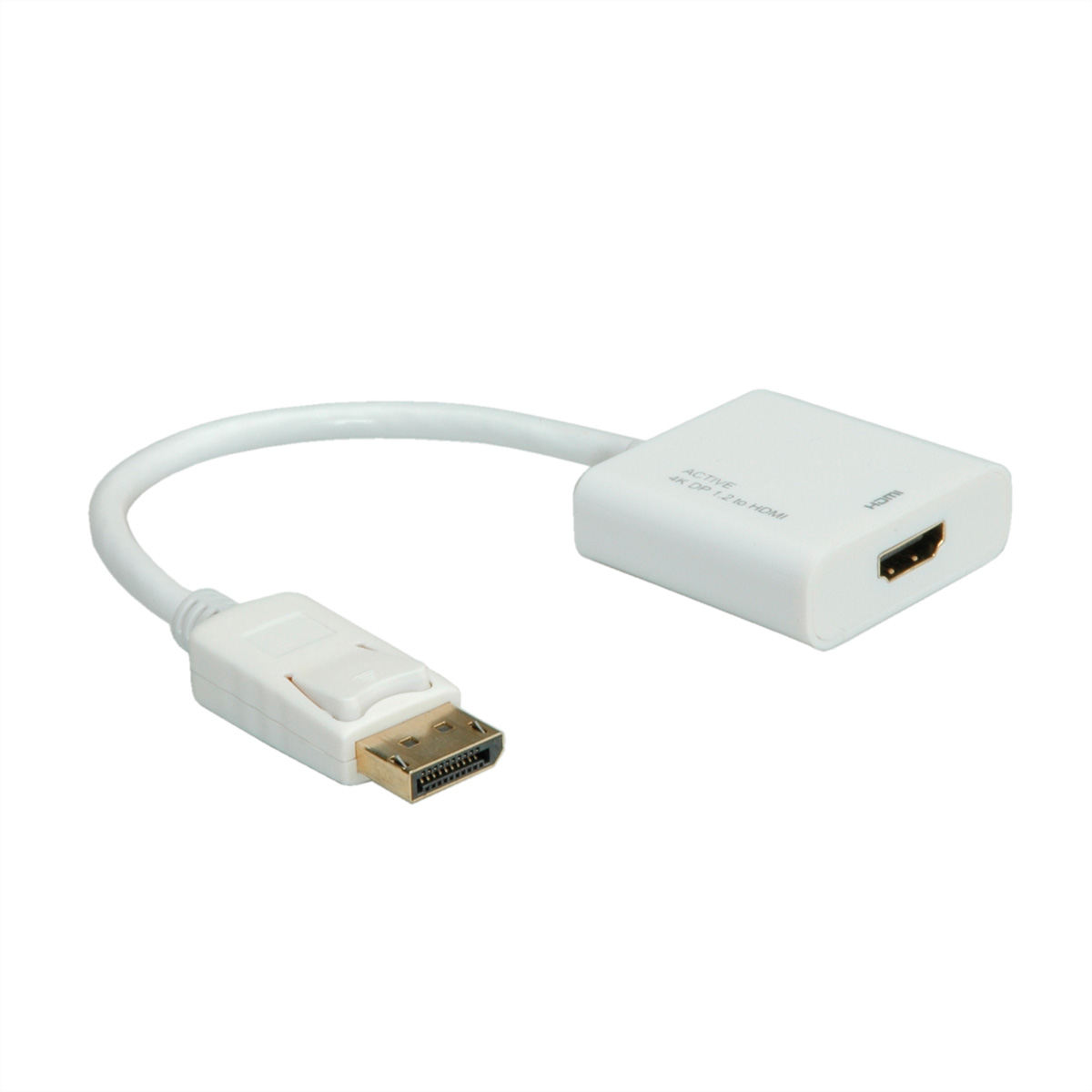 Weißer Adapter mit DisplayPort- und HDMI-Anschlüssen. Weißer Hintergrund.