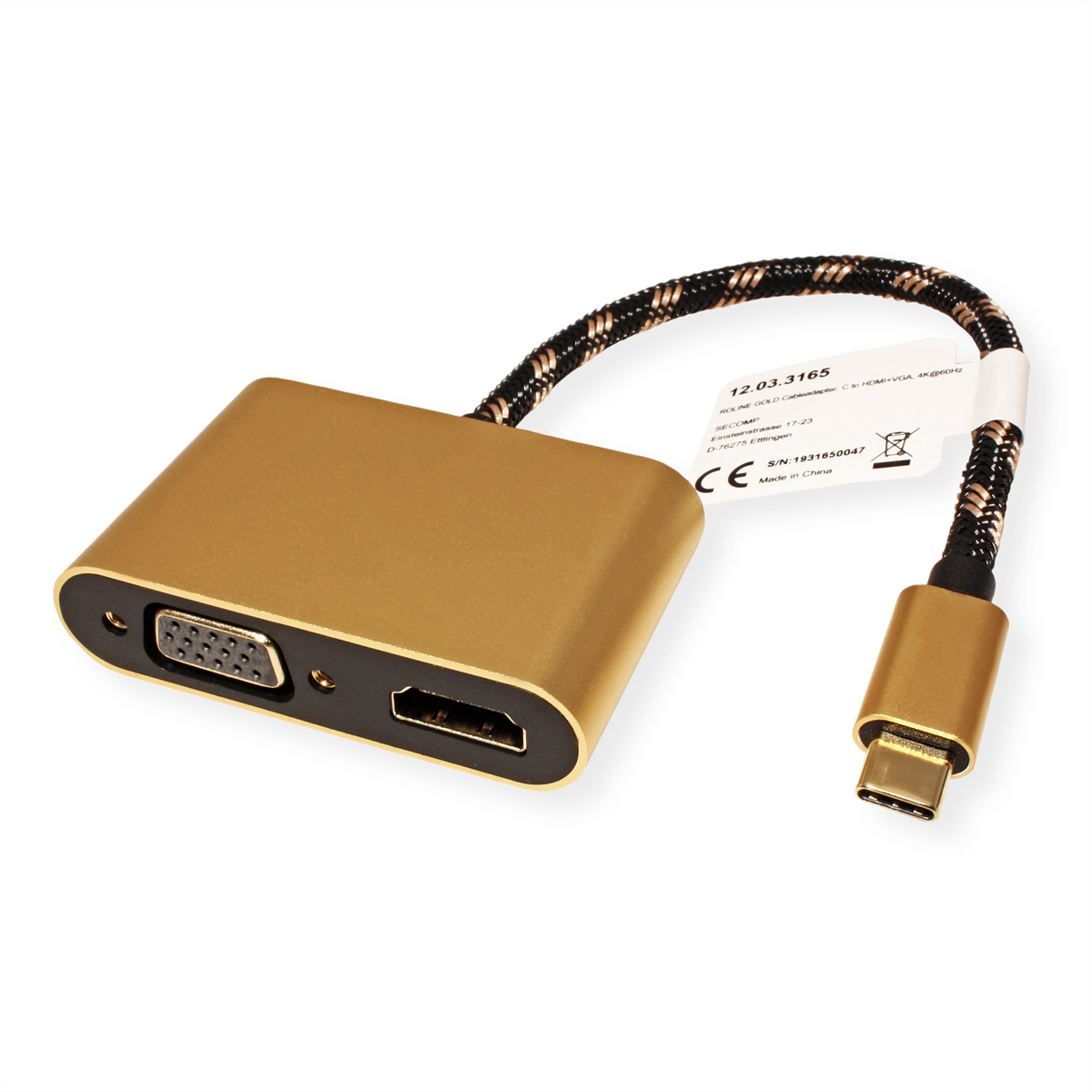 Adaptateur doré avec VGA, HDMI et connecteur USB-C, avec un câble tressé noir et doré.