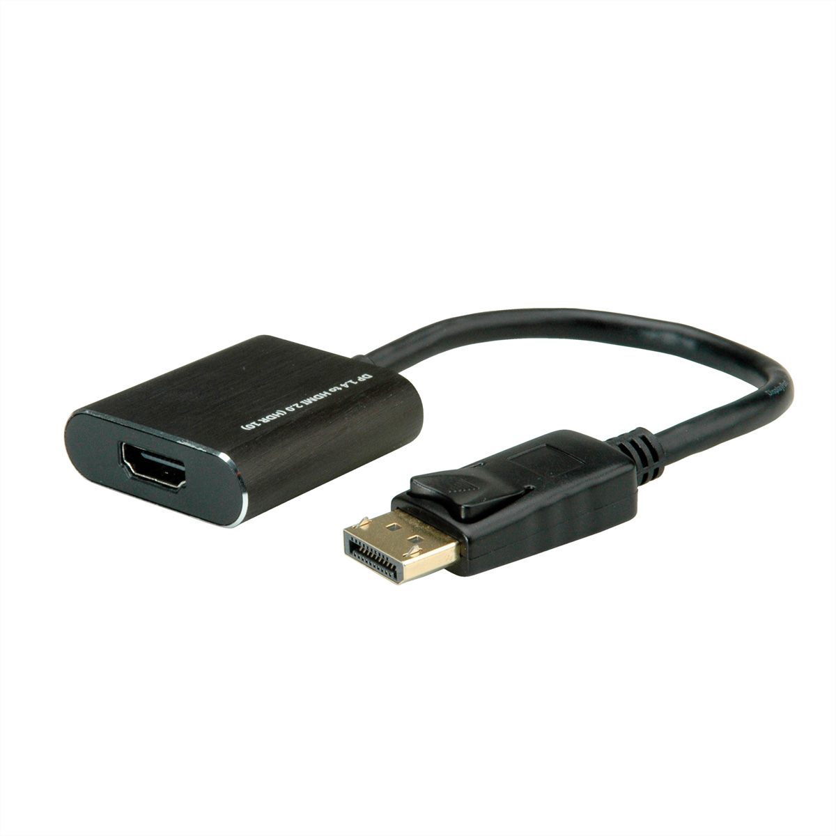 Ein schwarzer HDMI-zu-DisplayPort-Adapter mit schwarzem Kabel und weißem Hintergrund.