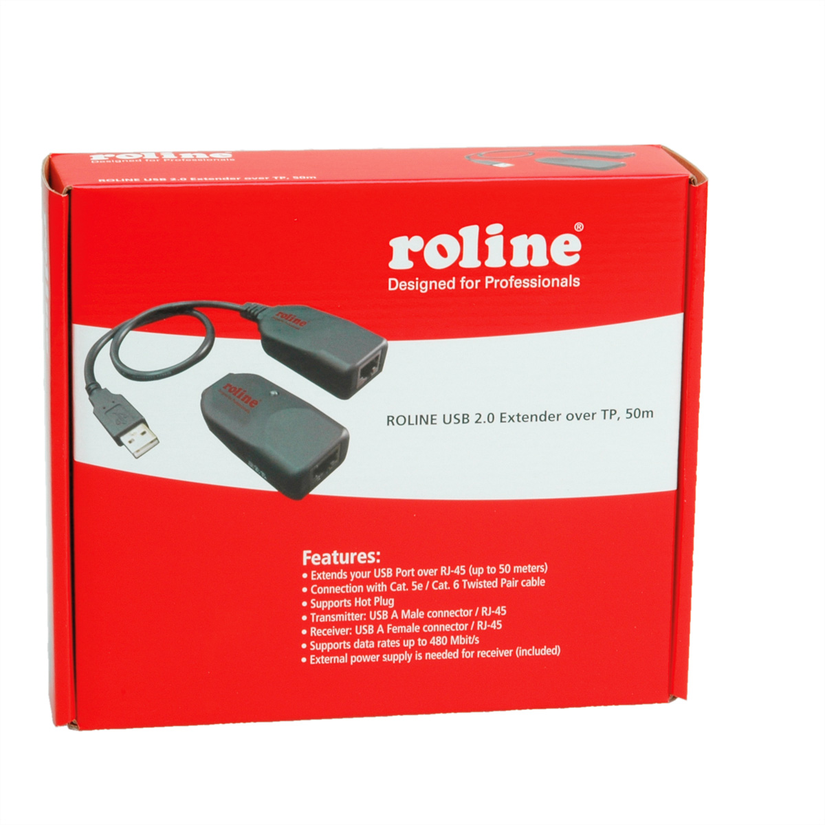 Rote Box mit USB-Extender. Text: 'roline'. Merkmale sind aufgelistet.
