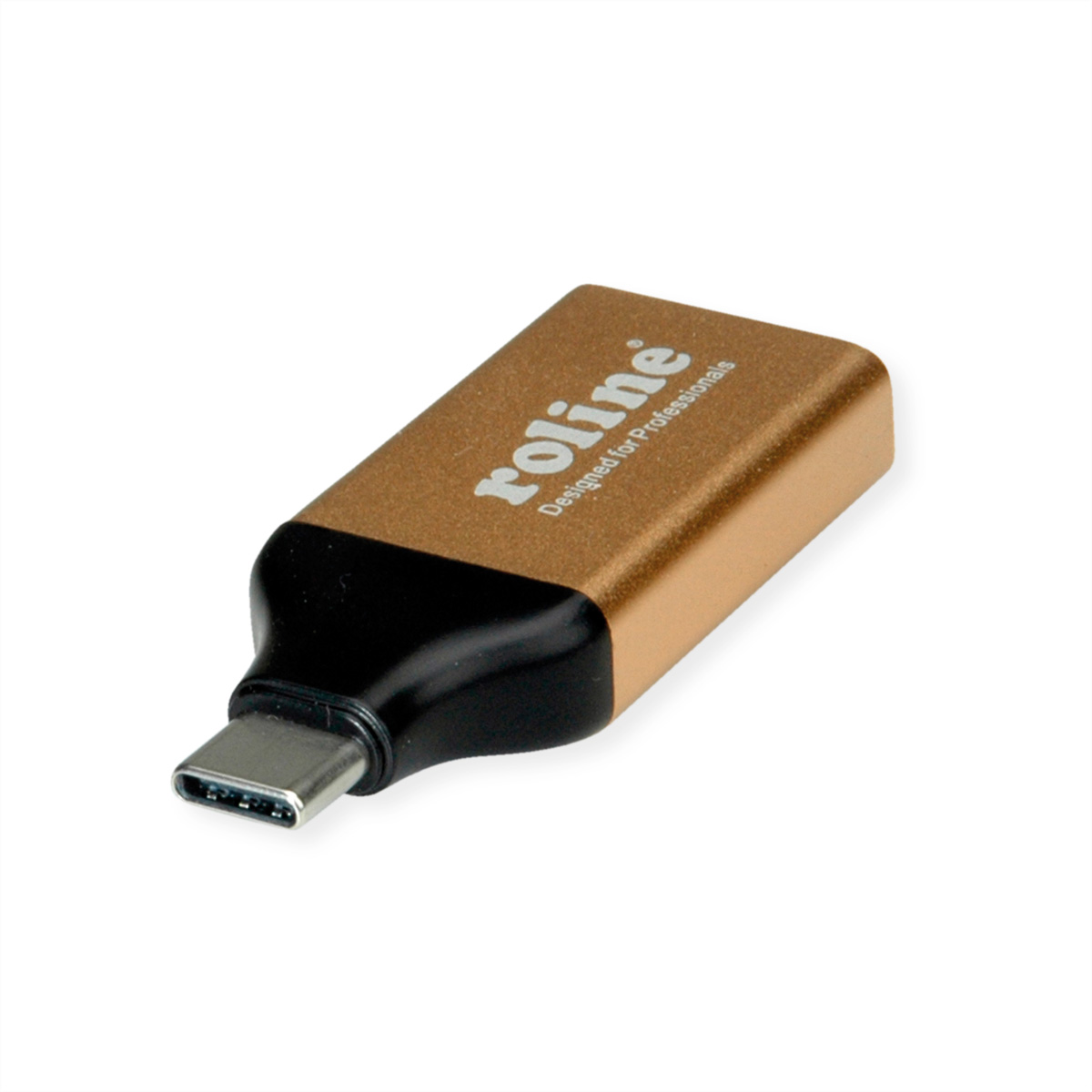 Gouden USB-C-adapter met een zwart uiteinde en het woord 'Roline' aan de bovenkant.