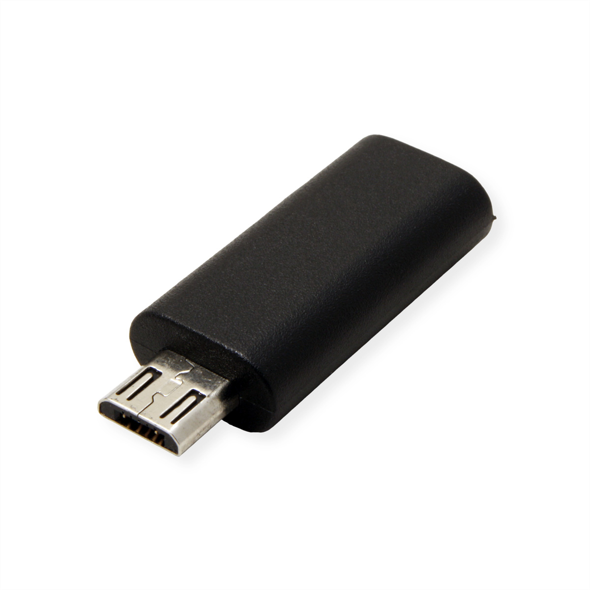 Ein kleiner schwarzer Adapter mit einem Micro-USB-Anschluss auf weißem Hintergrund.