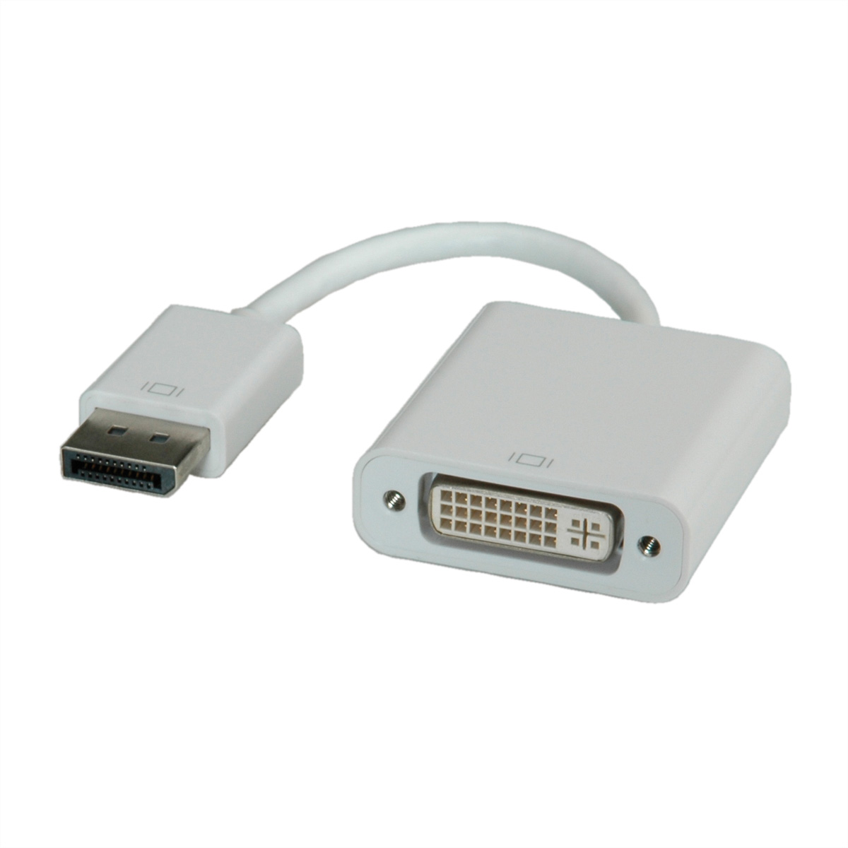 Biały adapter DisplayPort na DVI, z białym kablem, na białym tle.