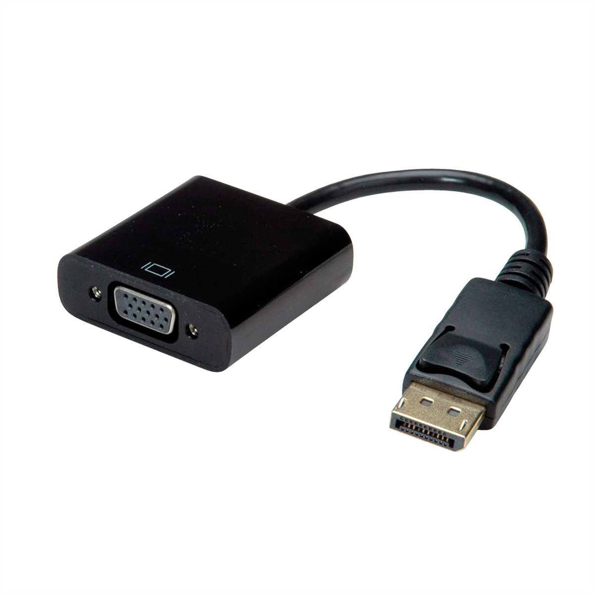 Zwarte VGA naar DisplayPort adapter. Zwarte kabel en connector.