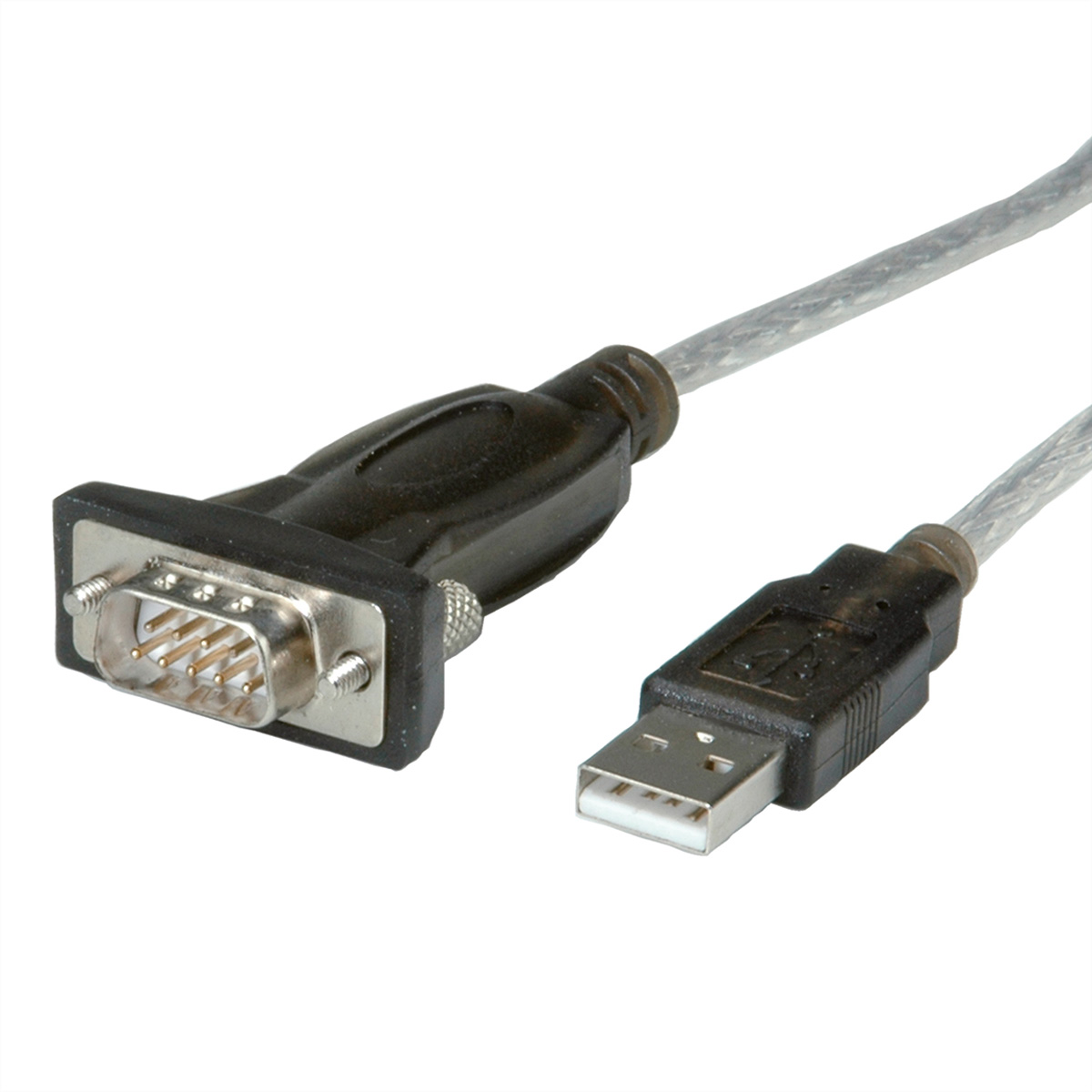 Un câble USB vers série noir. Une extrémité est USB, l'autre a un connecteur série.