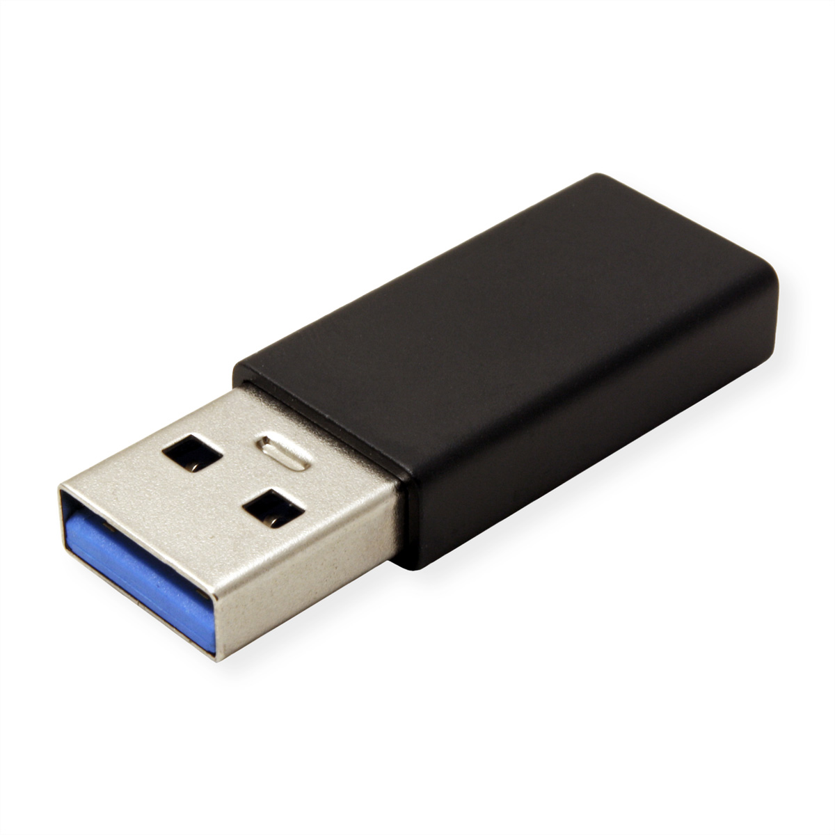 Schwarzer USB-Stick mit blauem USB-Anschluss auf weißem Hintergrund.