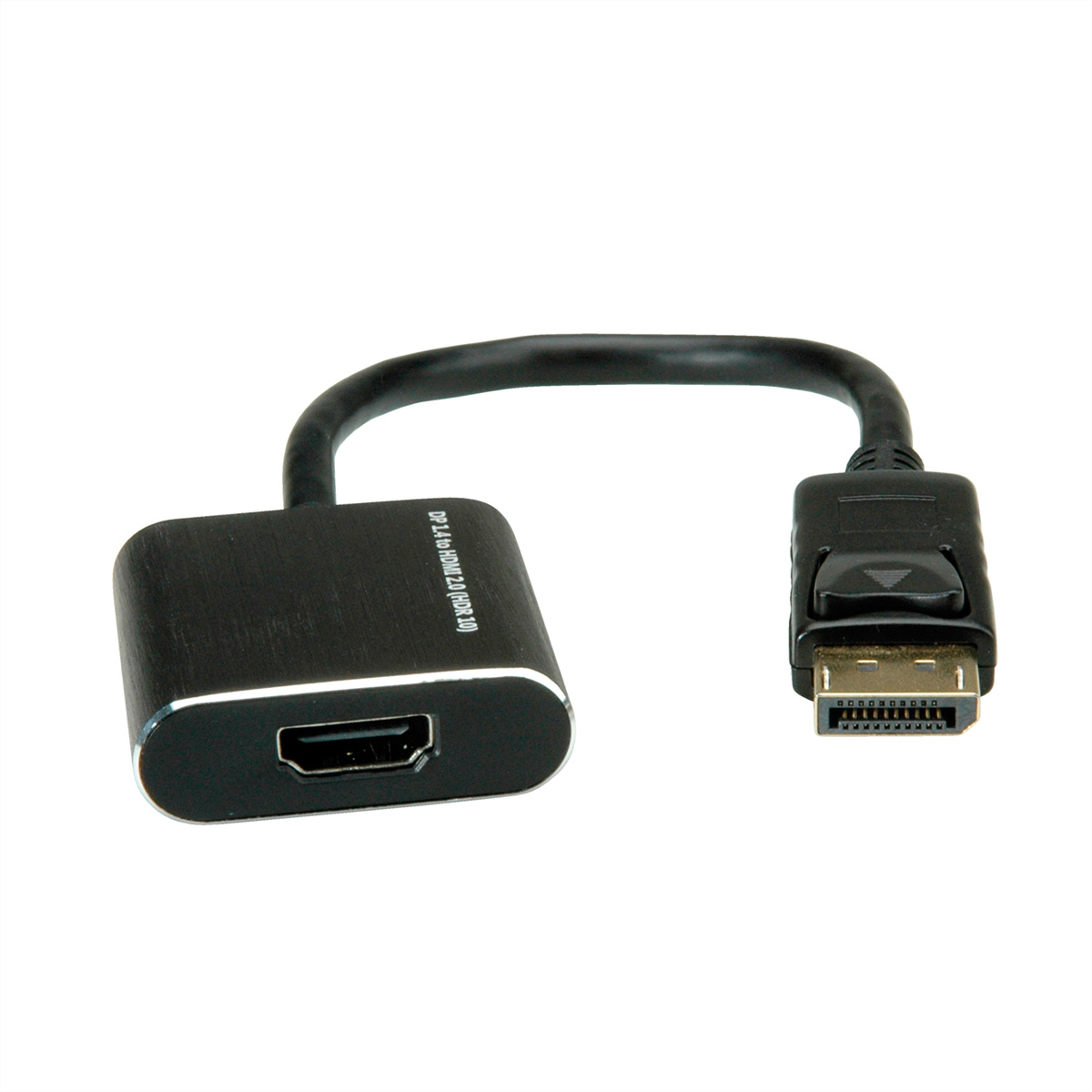 Schwarzer HDMI-zu-DisplayPort-Adapter mit schwarzem Kabel.