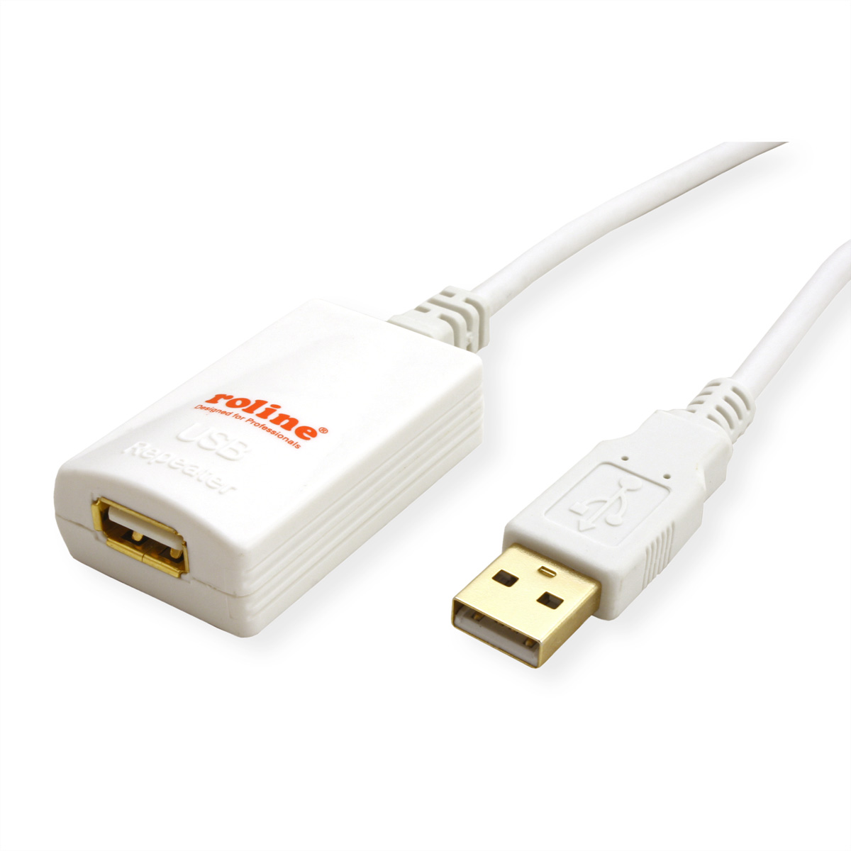Câble répéteur USB blanc avec connecteurs USB-A et USB. La marque Roline est visible.