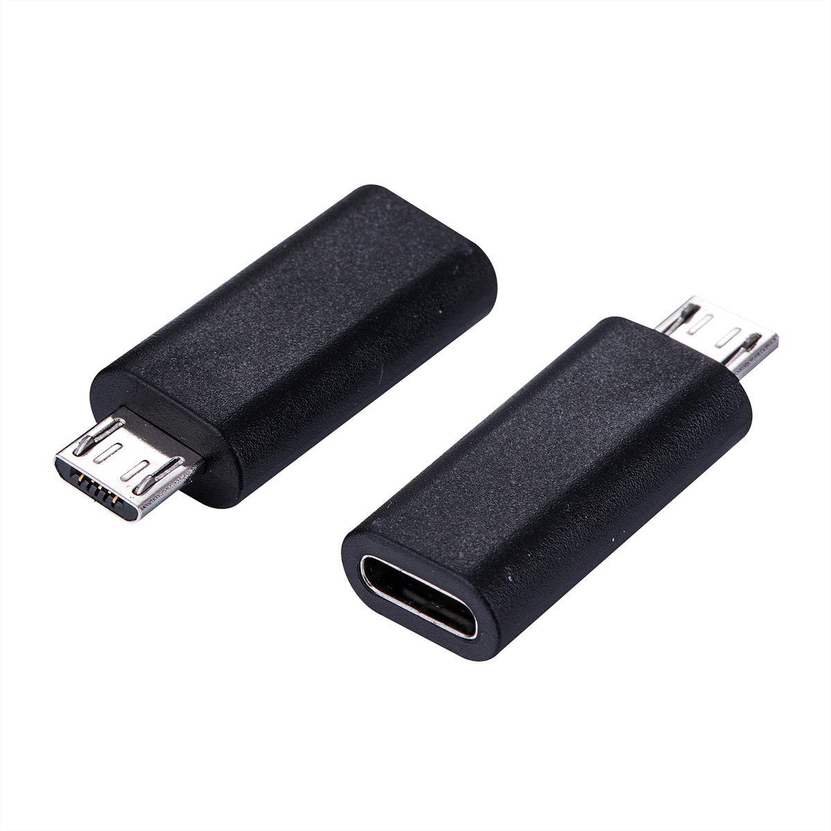 Zwei schwarze Micro-USB-zu-USB-C-Adapter auf weißem Hintergrund.