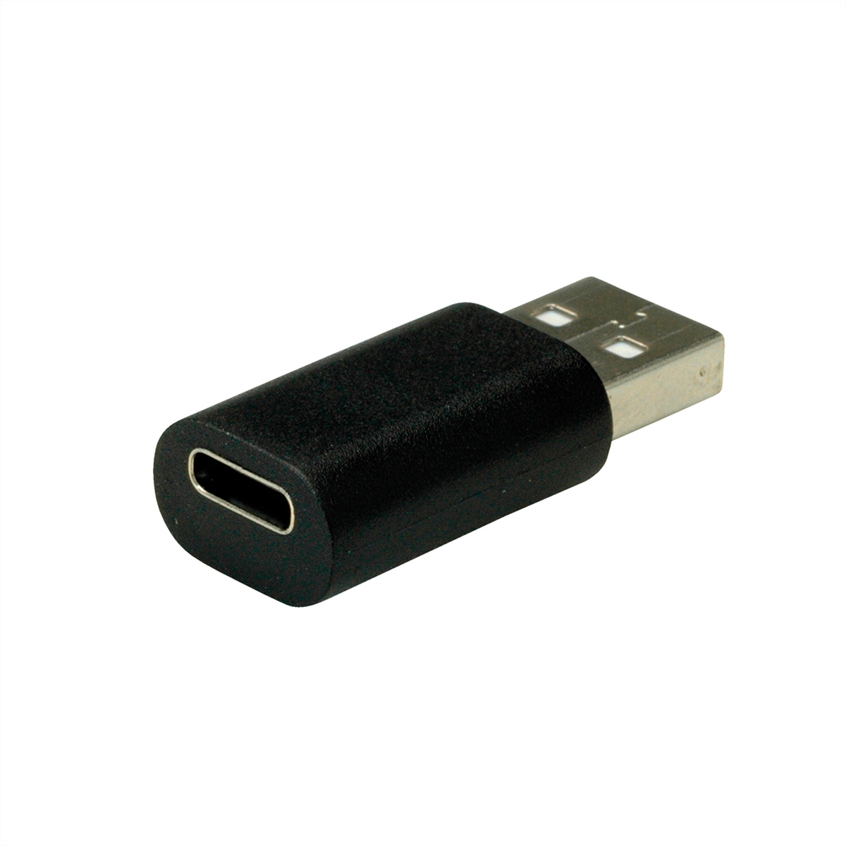 Un adaptateur USB-C vers USB noir. Une extrémité est USB-C, l'autre est USB.