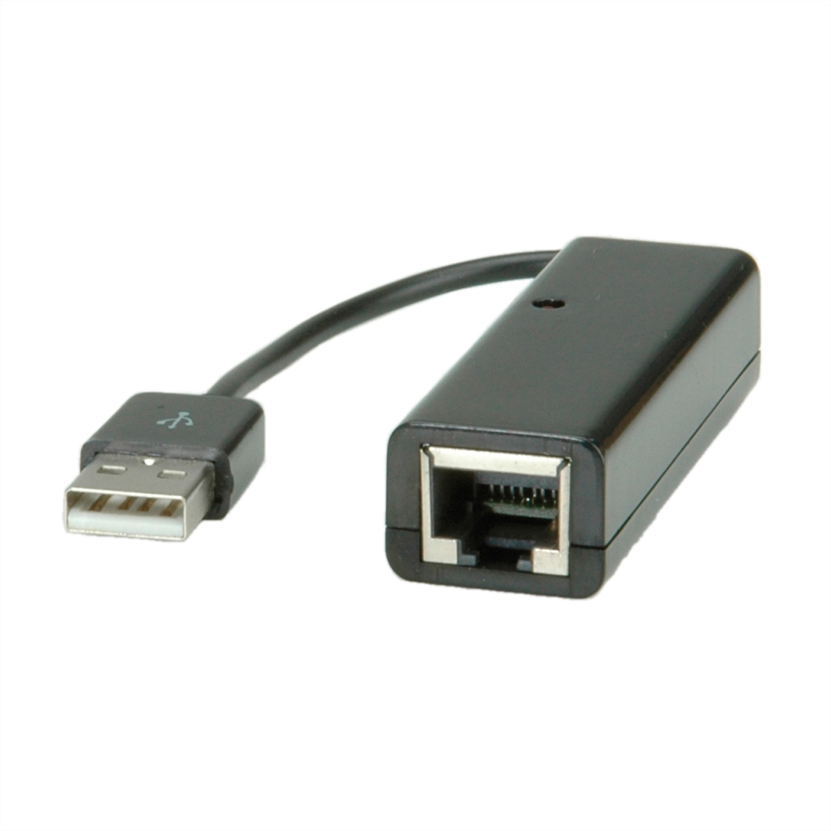 Zwarte USB naar Ethernet adapter. USB connector links, Ethernet poort rechts, witte achtergrond.