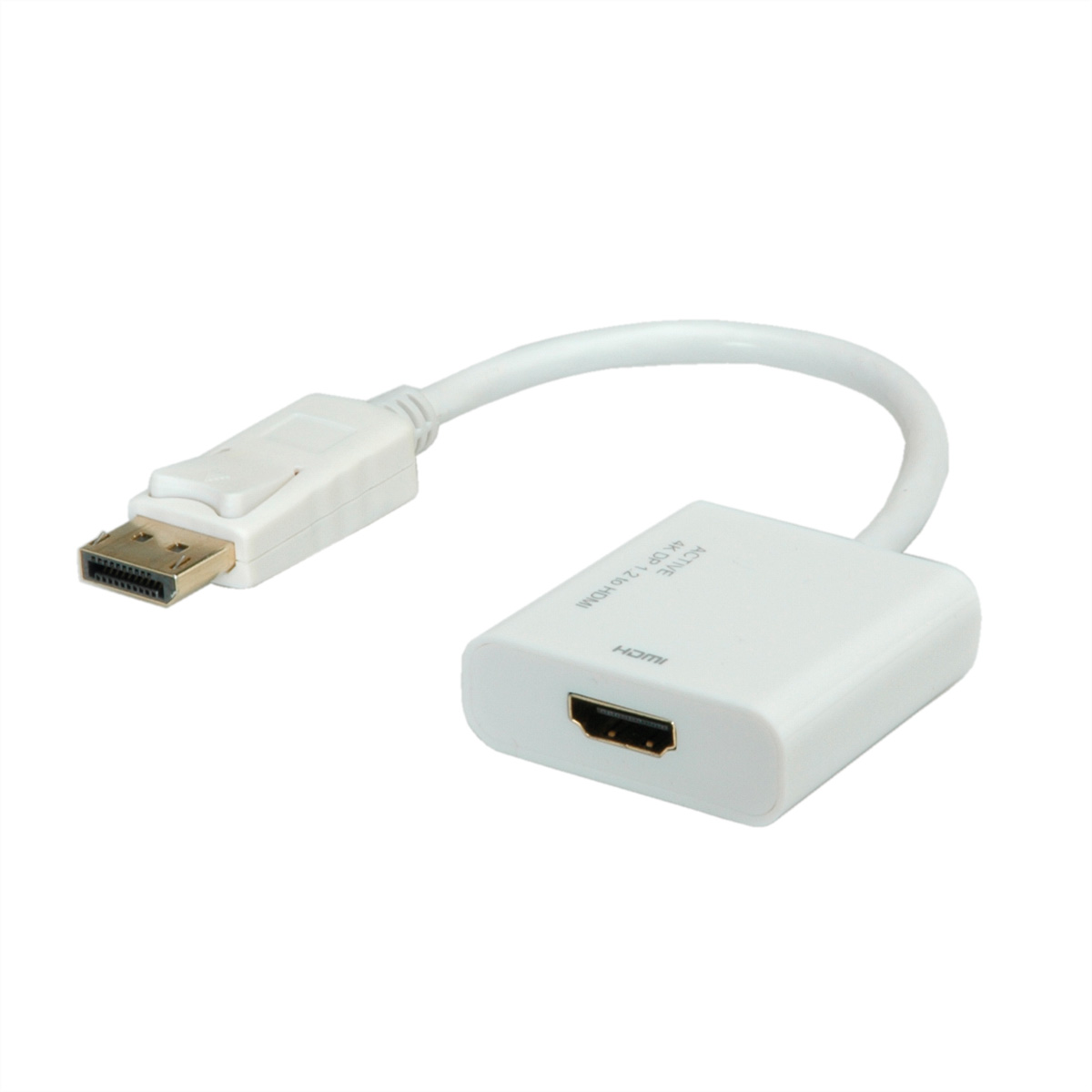 Weißes DisplayPort-zu-HDMI-Adapterkabel. DisplayPort-Ende ist goldfarben.
