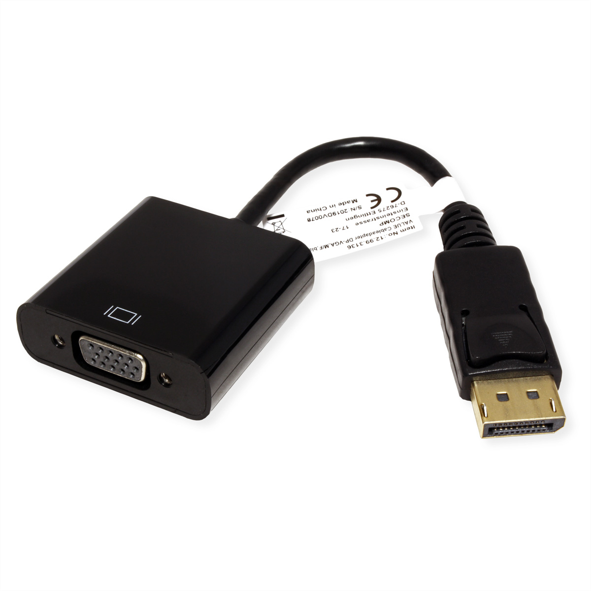 Zwarte adapterkabel met twee connectoren op een witte achtergrond.