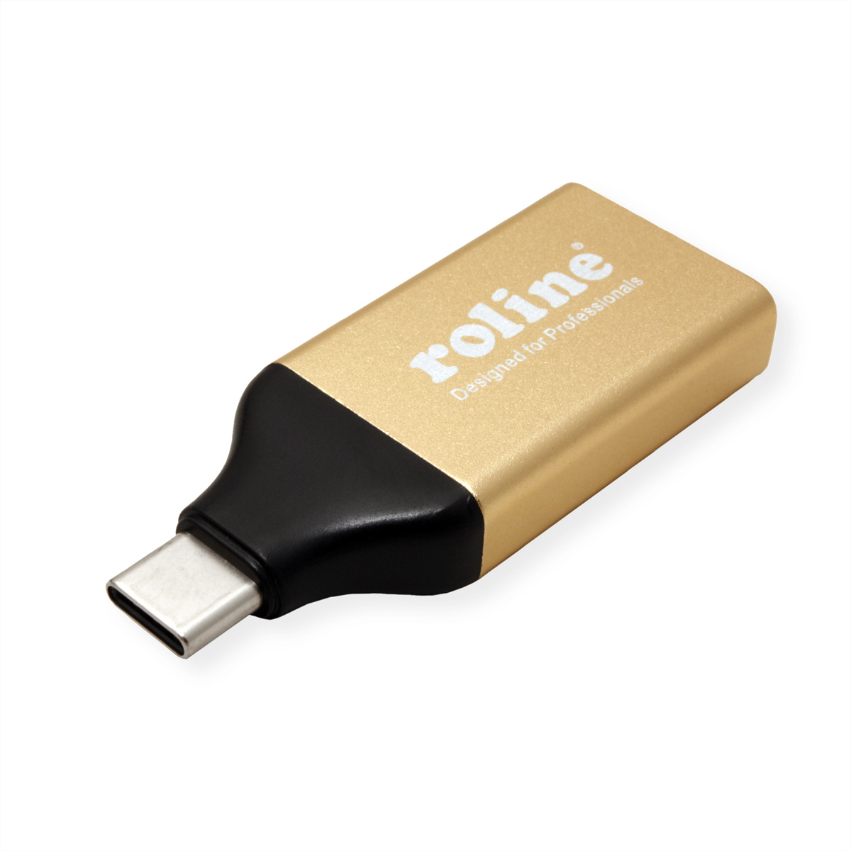 Gold-schwarzer USB-C-Adapter mit dem Text 'roline' auf weißem Hintergrund.