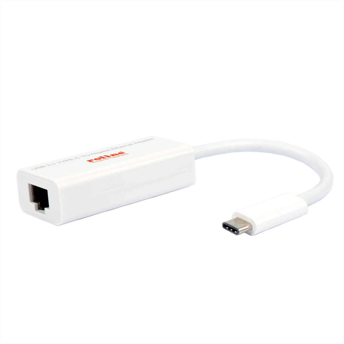 Witte adapter met USB-C- en Ethernet-connectoren. Witte achtergrond. Merk Roline.