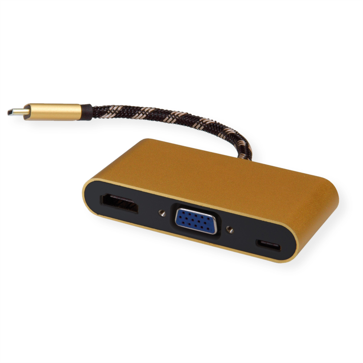 Hub USB-C doré avec ports HDMI, VGA et USB-C et un câble noir et doré.