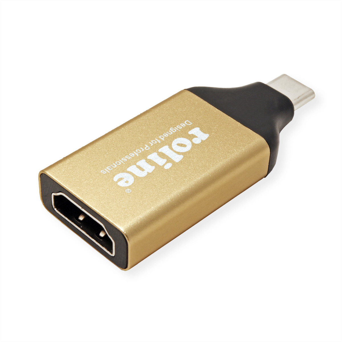 Goldener HDMI-Adapter mit schwarzen Akzenten und weißem Text auf weißem Grund.
