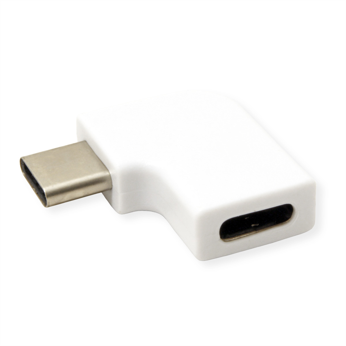 Witte USB-C adapter, schuine vorm, op wit. Zilveren poort.