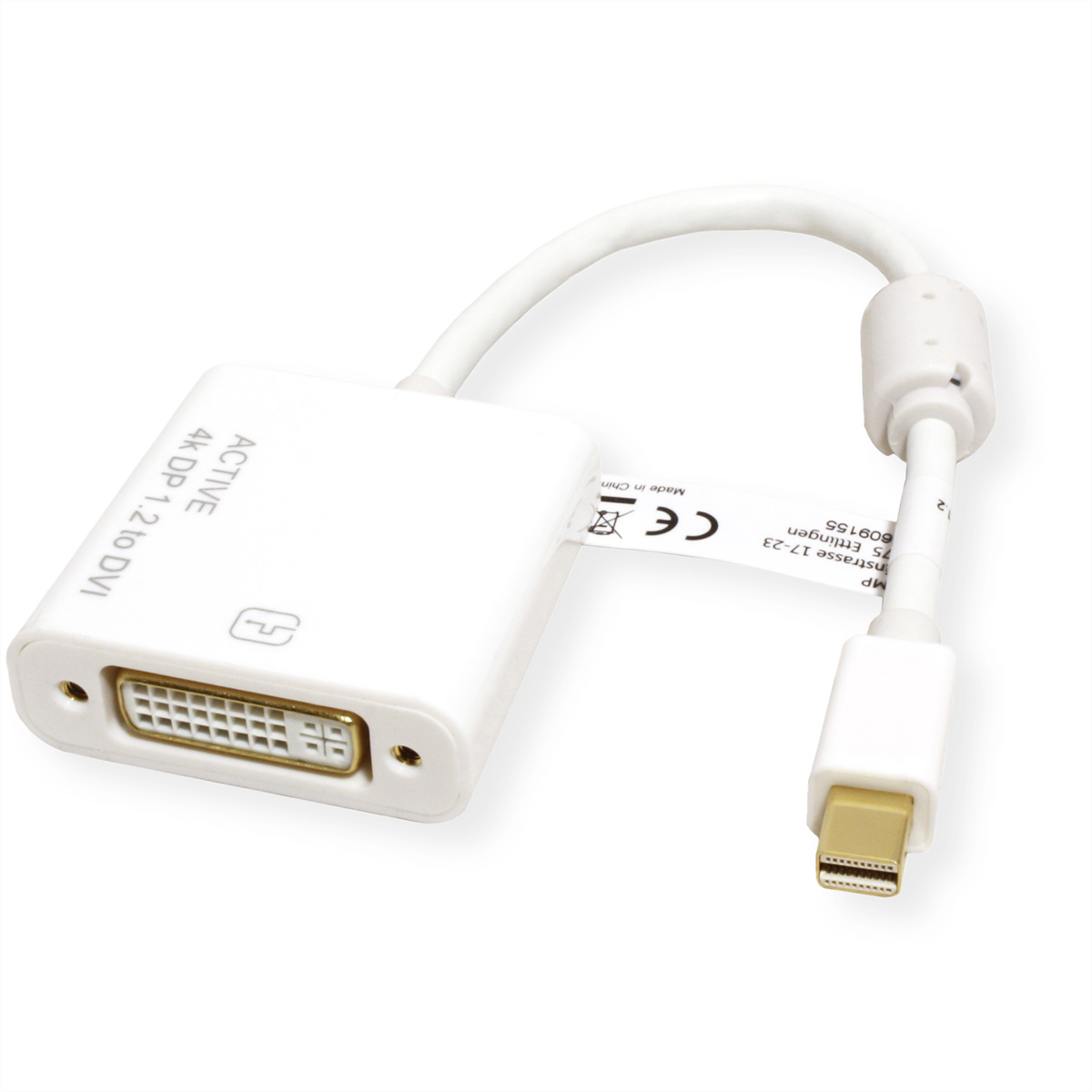 Adaptateur blanc 4K DP vers DVI avec câble blanc et connecteur mini DisplayPort.