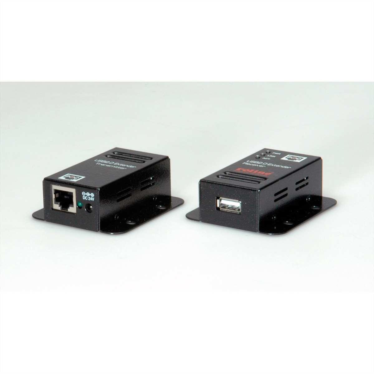 Zwei schwarze USB-Extender auf weißem Hintergrund. Der linke hat einen Ethernet-Anschluss. Der rechte hat einen USB-Anschluss.