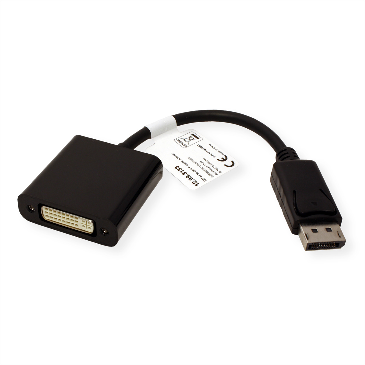 Adaptateur noir avec connecteur DVI et DisplayPort. Une étiquette blanche est attachée.