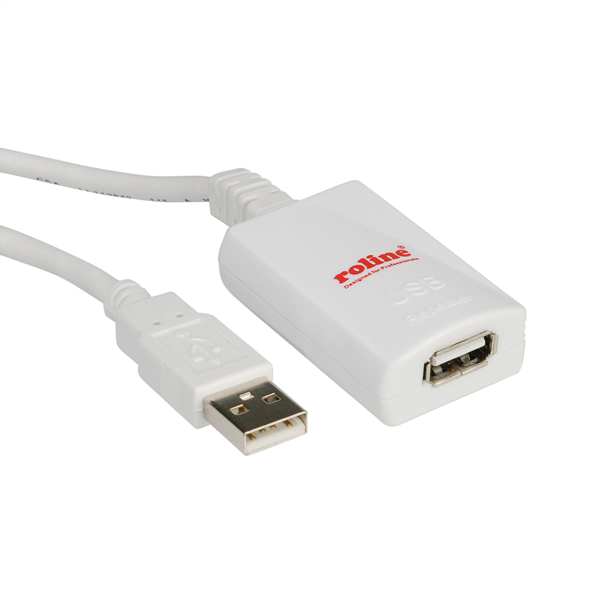 Câble répéteur USB blanc. Possède une prise et une prise USB. Le câble est blanc et l'adaptateur est blanc.