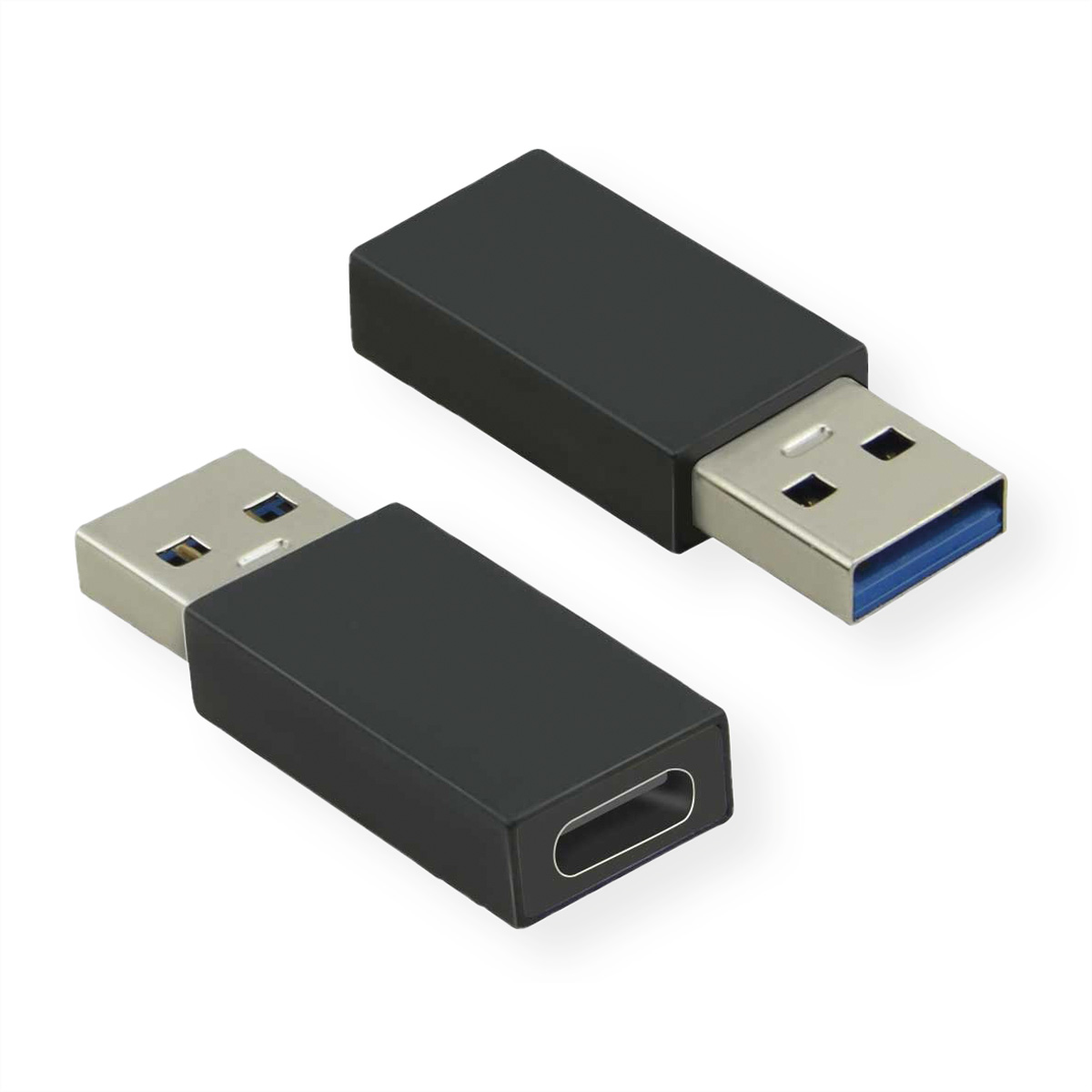 Zwei schwarze USB-Adapter, einer USB-A zu USB-C.