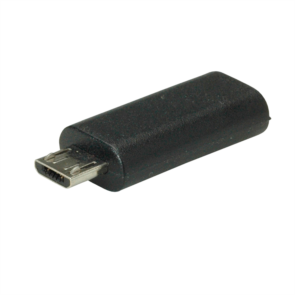 Schwarzer Micro-USB-Anschluss. Es ist ein kleiner, rechteckiger Anschluss.
