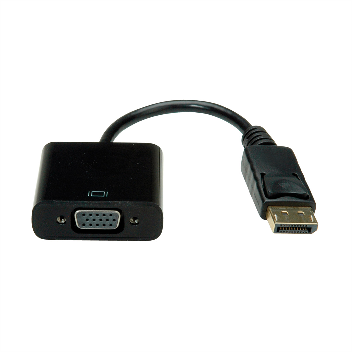 Zwarte adapter met VGA- en DisplayPort-connectoren, witte achtergrond.