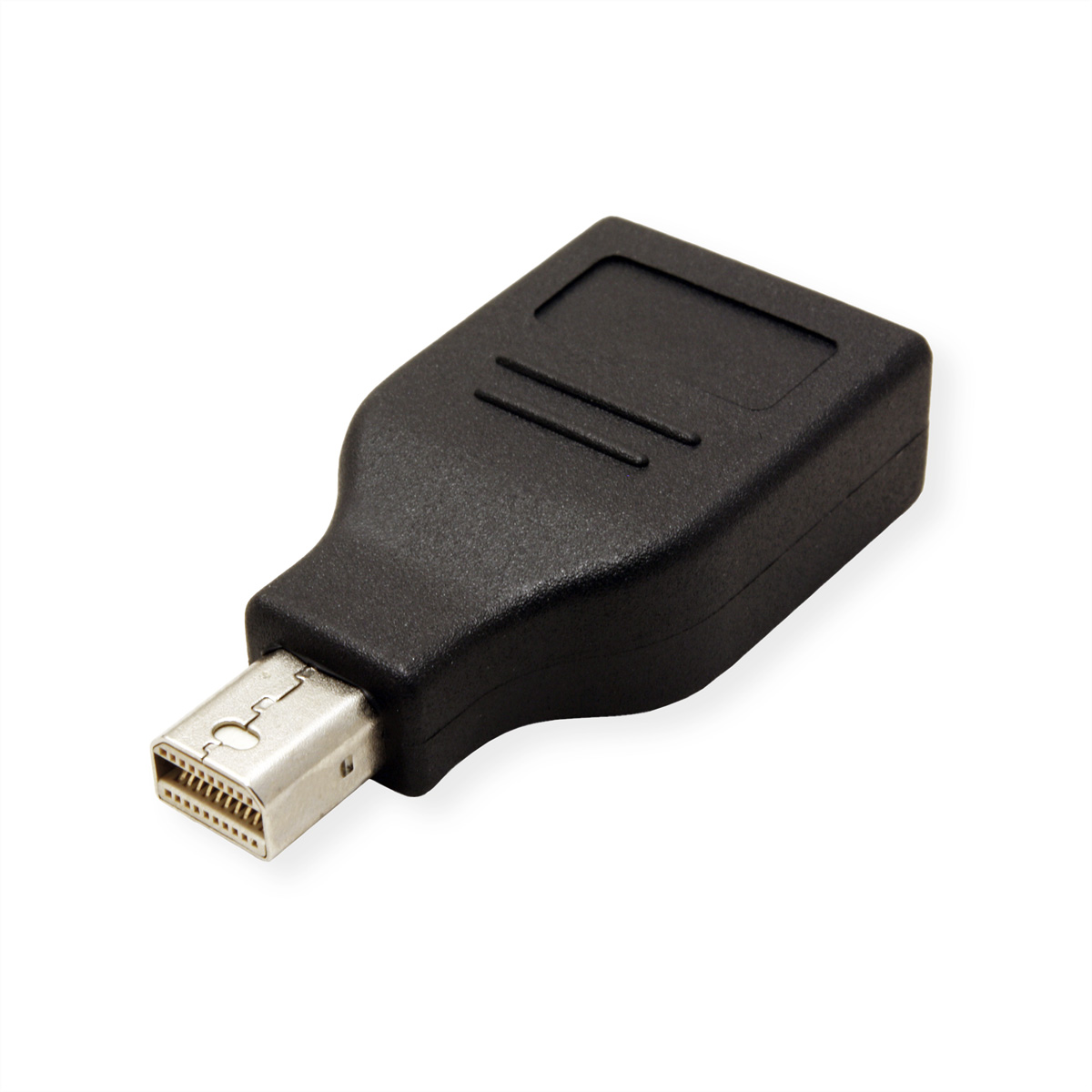 Zwarte Mini DisplayPort-adapter met een zilveren poort, schuin, op een witte achtergrond.