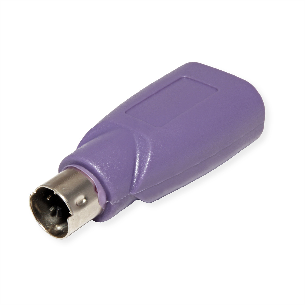 Lila PS/2-Stecker, abgewinkelt, auf weißem Hintergrund.