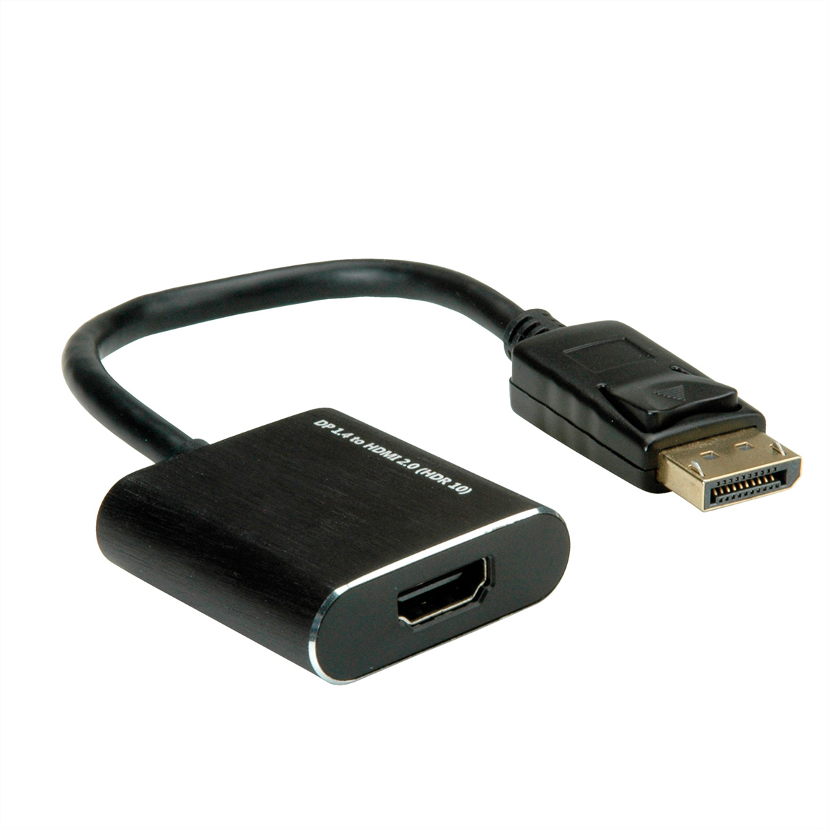 Schwarzes DisplayPort-zu-HDMI-Adapterkabel mit schwarzen Steckern und gebogenem Kabel auf Weiß.